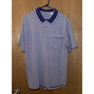 Vintage LL Bean Men's Polo Navy White Striped Regular Short Sleeve 1/4 Button L